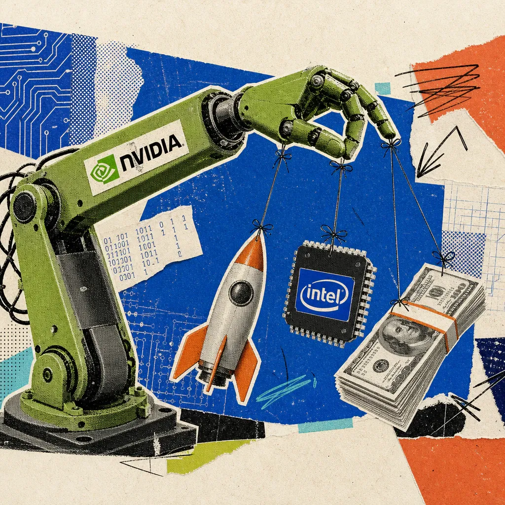 Ein grüner Roboterarm mit Nvidia-Logo-Aufkleber hält an Fäden eine Spielzeugrakete, einen Mikrochip mit Intel-Aufkleber und einen Stapel Dollar-Geldscheine wie Marionetten in der Luft.