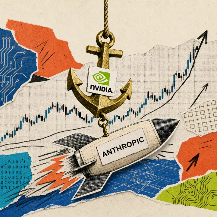 A golden anchor with an Nvidia logo sticker lowers on a rope onto a paper rocket bearing an Anthropic logo in front of a rising stock chart.