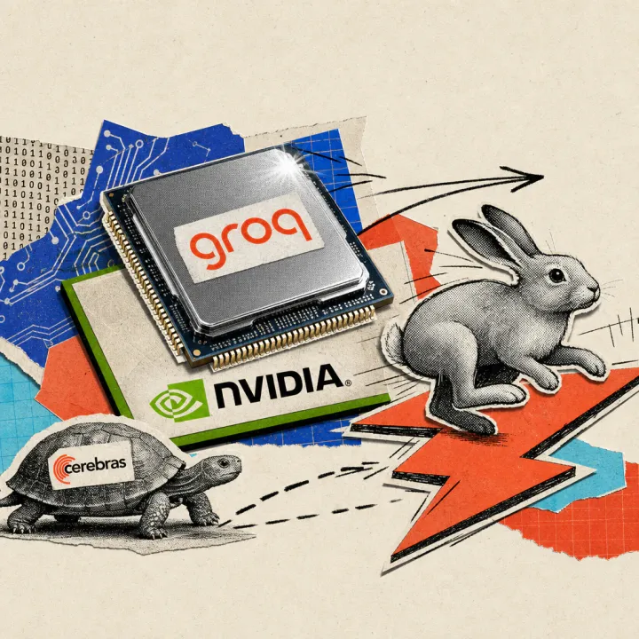 Ein Mikrochip mit Groq-Logo-Sticker liegt auf einer Nvidia-Logo-Plakette, daneben rennt ein Hase mit Blitz-Symbol an einer langsameren Schildkröte mit Cerebras-Sticker vorbei