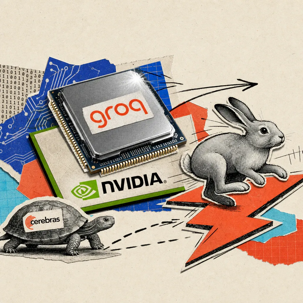 Ein Mikrochip mit Groq-Logo-Sticker liegt auf einer Nvidia-Logo-Plakette, daneben rennt ein Hase mit Blitz-Symbol an einer langsameren Schildkröte mit Cerebras-Sticker vorbei