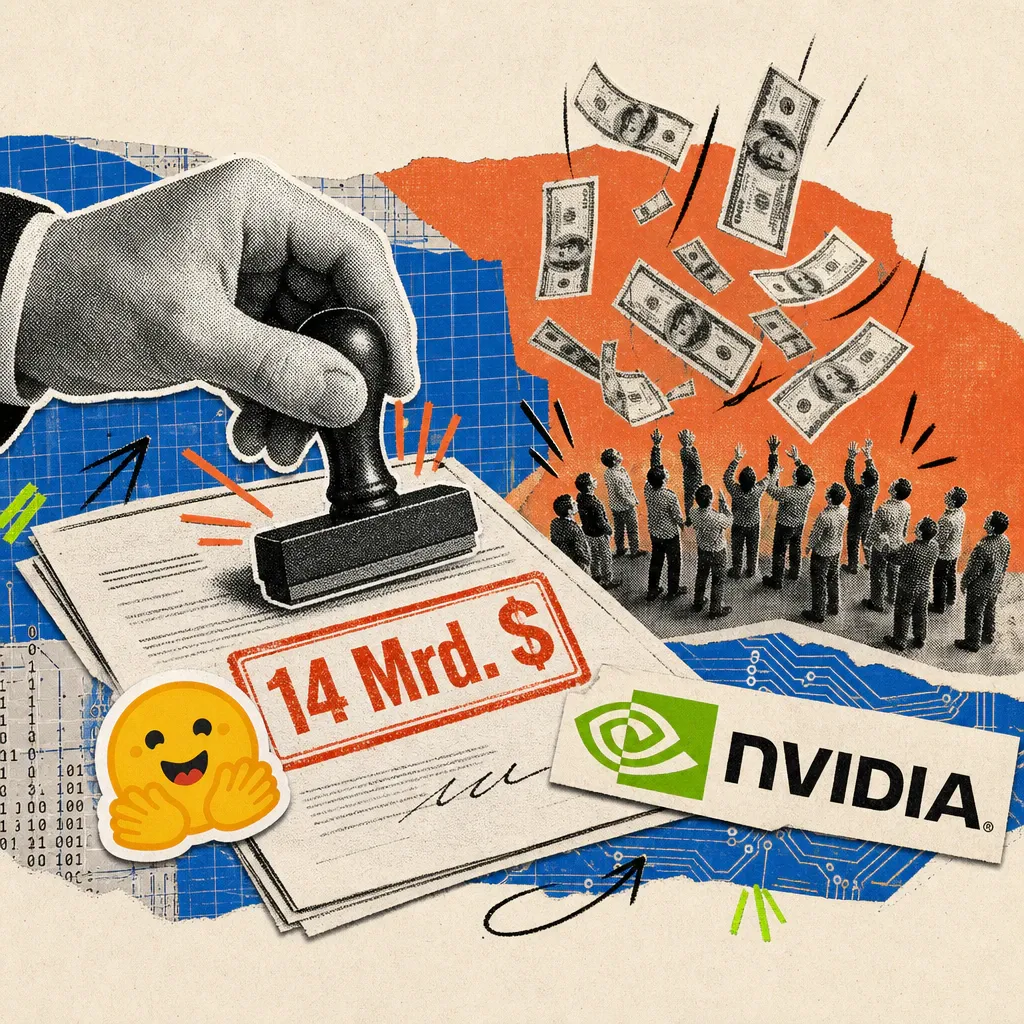 Eine Hand stempelt einen Vertrag mit der Aufschrift „14 Mrd. $“, daneben liegen ein Hugging-Face-Smiley-Sticker und ein Nvidia-Logo-Sticker, im Hintergrund fallen Geldscheine auf eine Gruppe winziger Figuren.