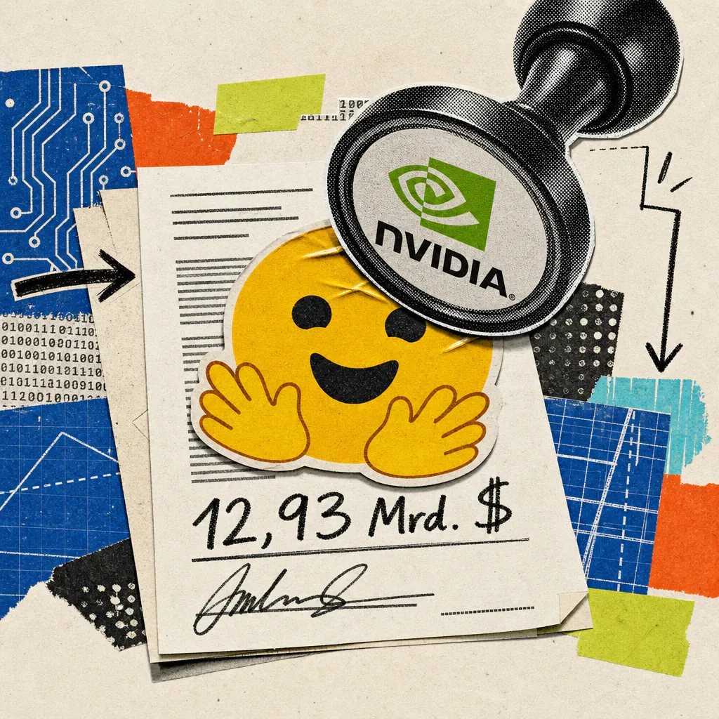 An Nvidia logo sticker presses down like a seal onto an oversized Hugging Face smiley sitting on a signed contract showing the figure $12.93 billion.