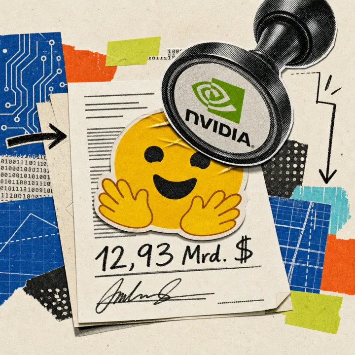 An Nvidia logo sticker presses down like a seal onto an oversized Hugging Face smiley sitting on a signed contract showing the figure $12.93 billion.