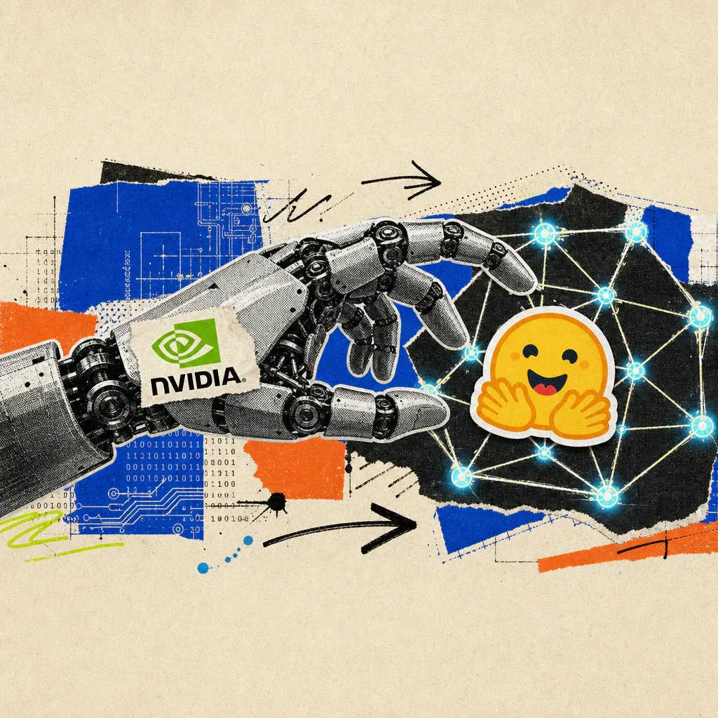 A robotic hand with an Nvidia logo sticker reaches for the yellow Hugging Face smiley logo amid a network of connected nodes.