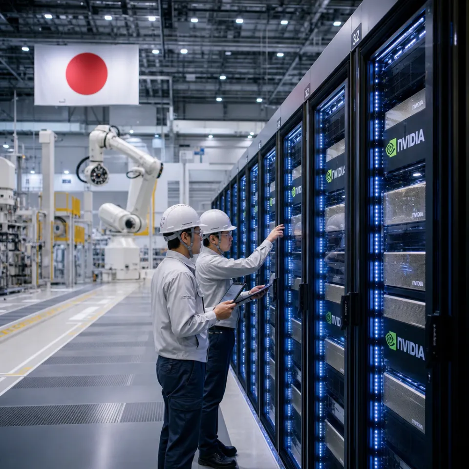 Server racks with Nvidia Rubin graphics processors in a Japanese factory hall, with industrial robot arms in the background