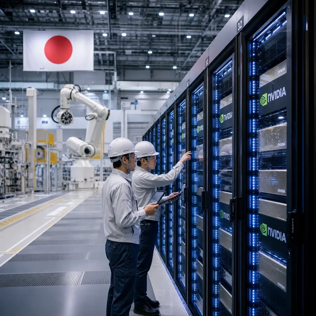 Serverracks mit Nvidia-Rubin-Grafikprozessoren in einer japanischen Fabrikhalle, im Hintergrund Industrieroboter-Arme