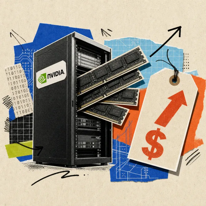 Ein Server-Rack mit Nvidia-Logo und herausragenden Speicherchip-Modulen trägt ein großes rotes Preisschild mit Aufwärtspfeil
