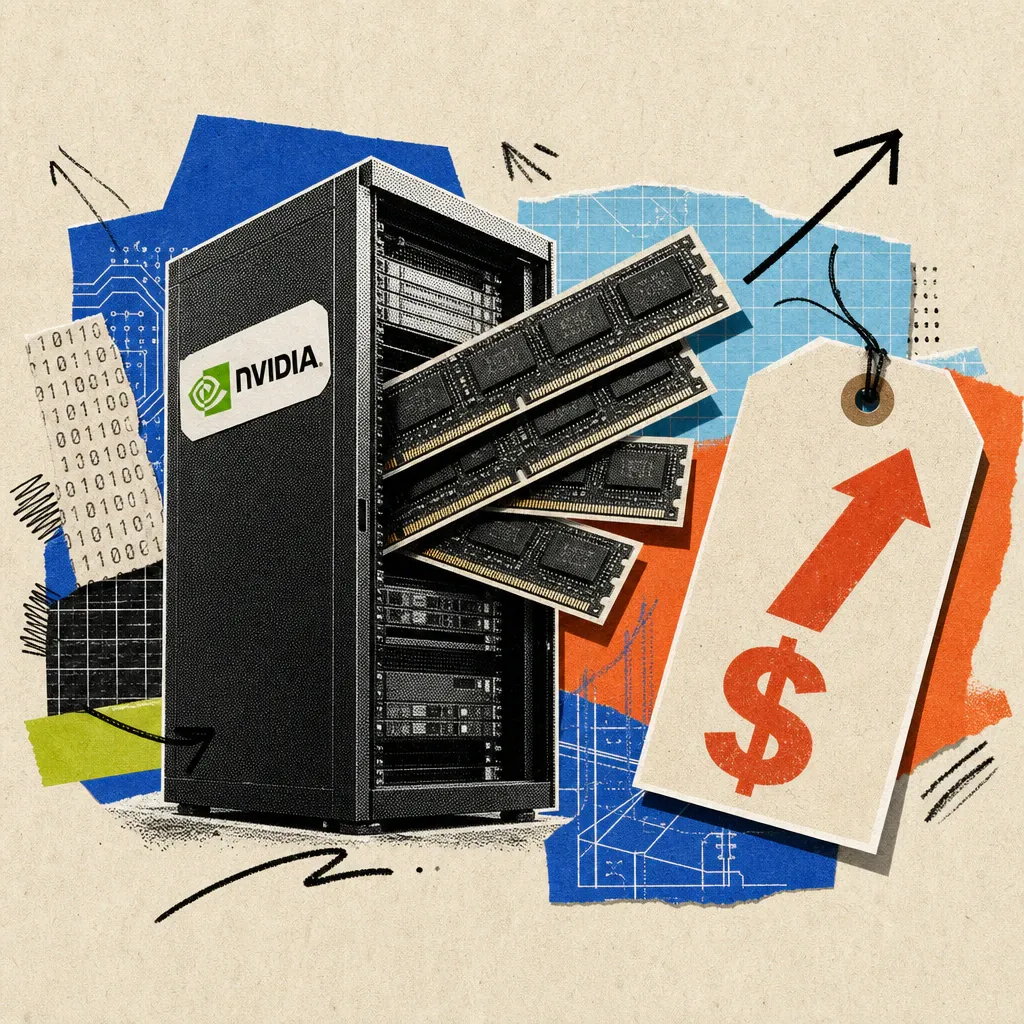 Ein Server-Rack mit Nvidia-Logo und herausragenden Speicherchip-Modulen trägt ein großes rotes Preisschild mit Aufwärtspfeil