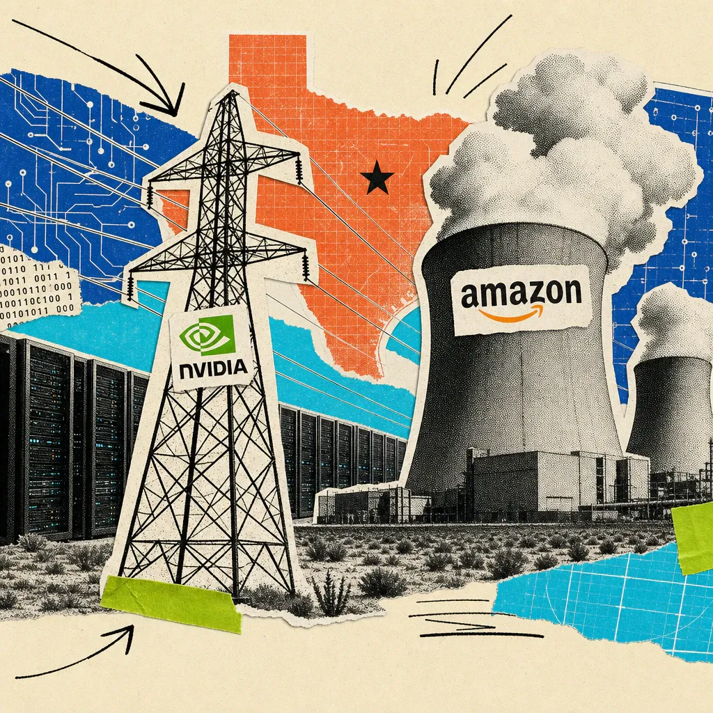 A Nvidia logo sticker is affixed to a power pylon next to a smoking gas power plant bearing an Amazon logo sticker, with rows of data center servers in the Texas desert in the background