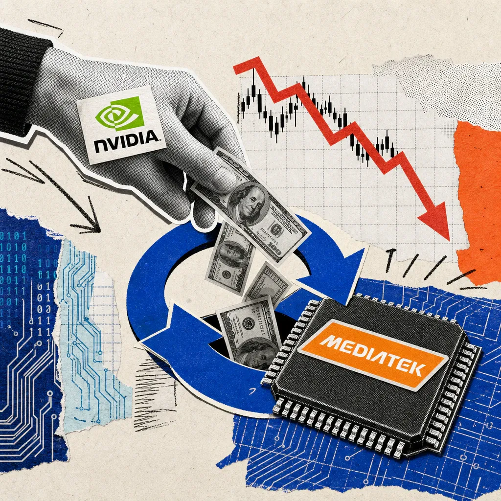 A hand with an Nvidia logo drops banknotes into a circular arrow leading to a chip with a MediaTek logo, above which a red stock chart arrow is falling.