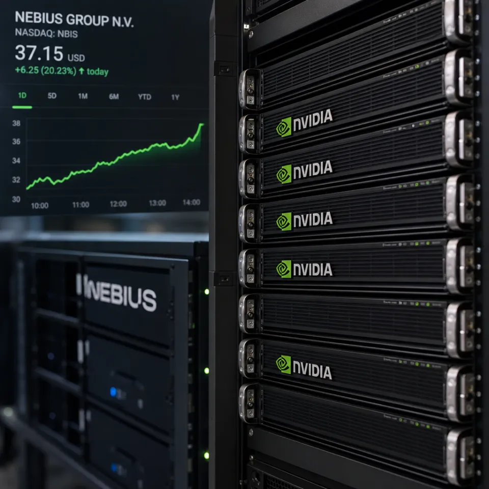 Nvidia-Grafikprozessoren in einem Serverrack eines Nebius-Rechenzentrums, im Hintergrund ein ansteigender Aktienkurs