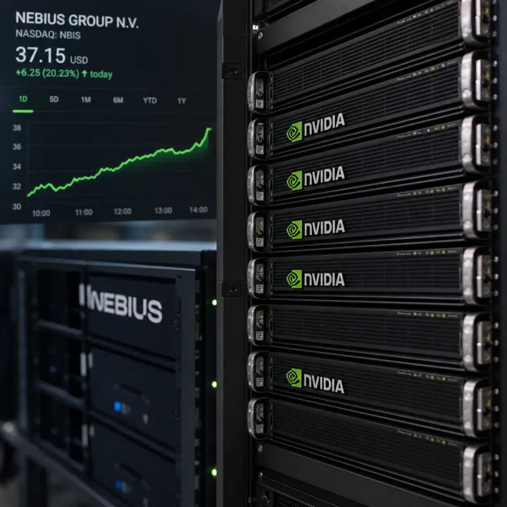 Nvidia-Grafikprozessoren in einem Serverrack eines Nebius-Rechenzentrums, im Hintergrund ein ansteigender Aktienkurs