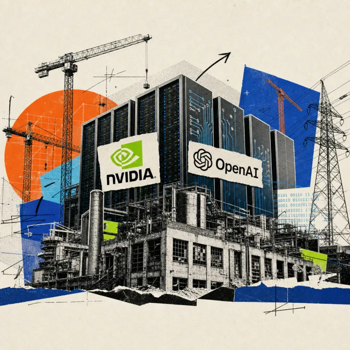 A new data center bearing Nvidia and OpenAI logos rises between construction cranes on the site of a decommissioned industrial facility in Ohio.