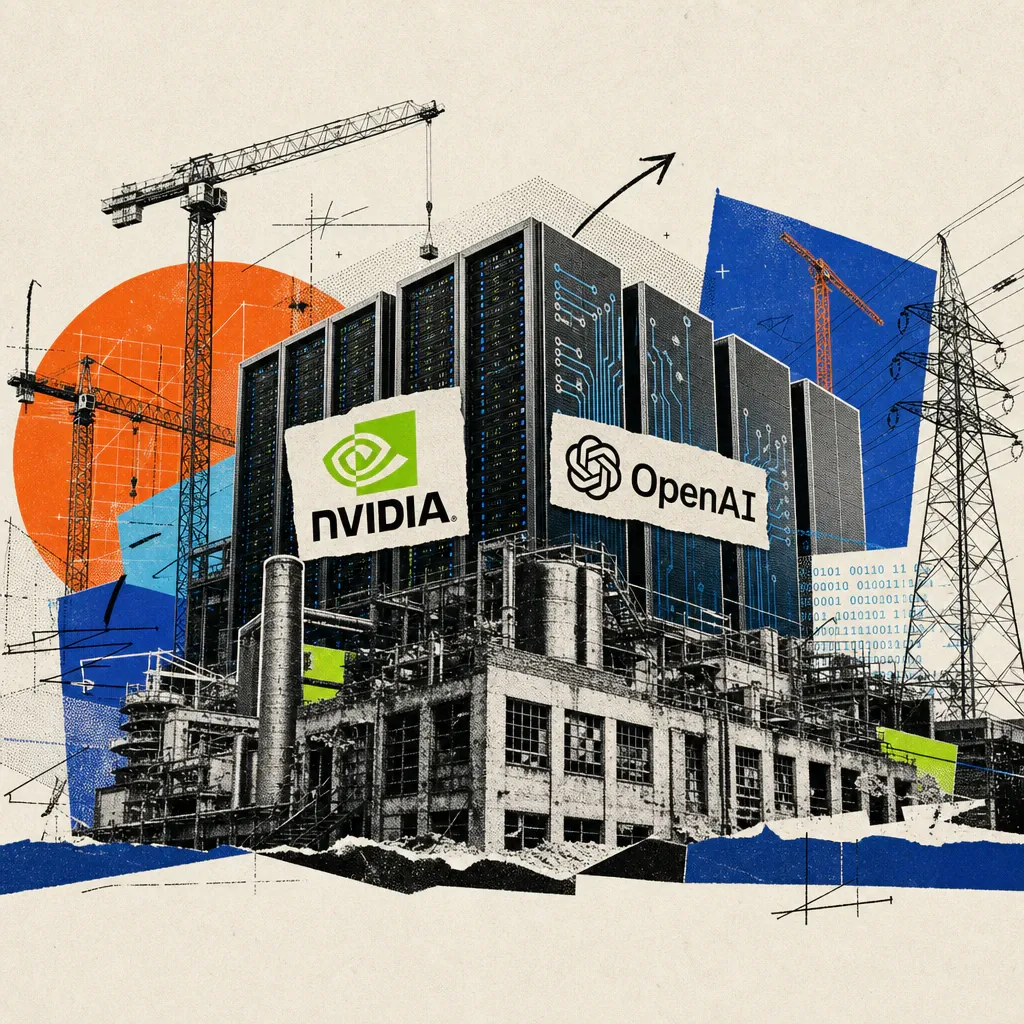 Ein neues Rechenzentrum mit Nvidia- und OpenAI-Logos entsteht zwischen Baukränen auf dem Gelände einer stillgelegten Industrieanlage in Ohio.