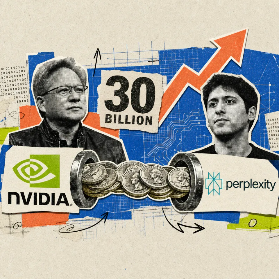 Das Nvidia-Logo und das Perplexity-Logo sind durch eine Geldleitung aus Dollar-Münzen verbunden, im Hintergrund steigt ein Kurspfeil neben der Zahl 30 Milliarden.
