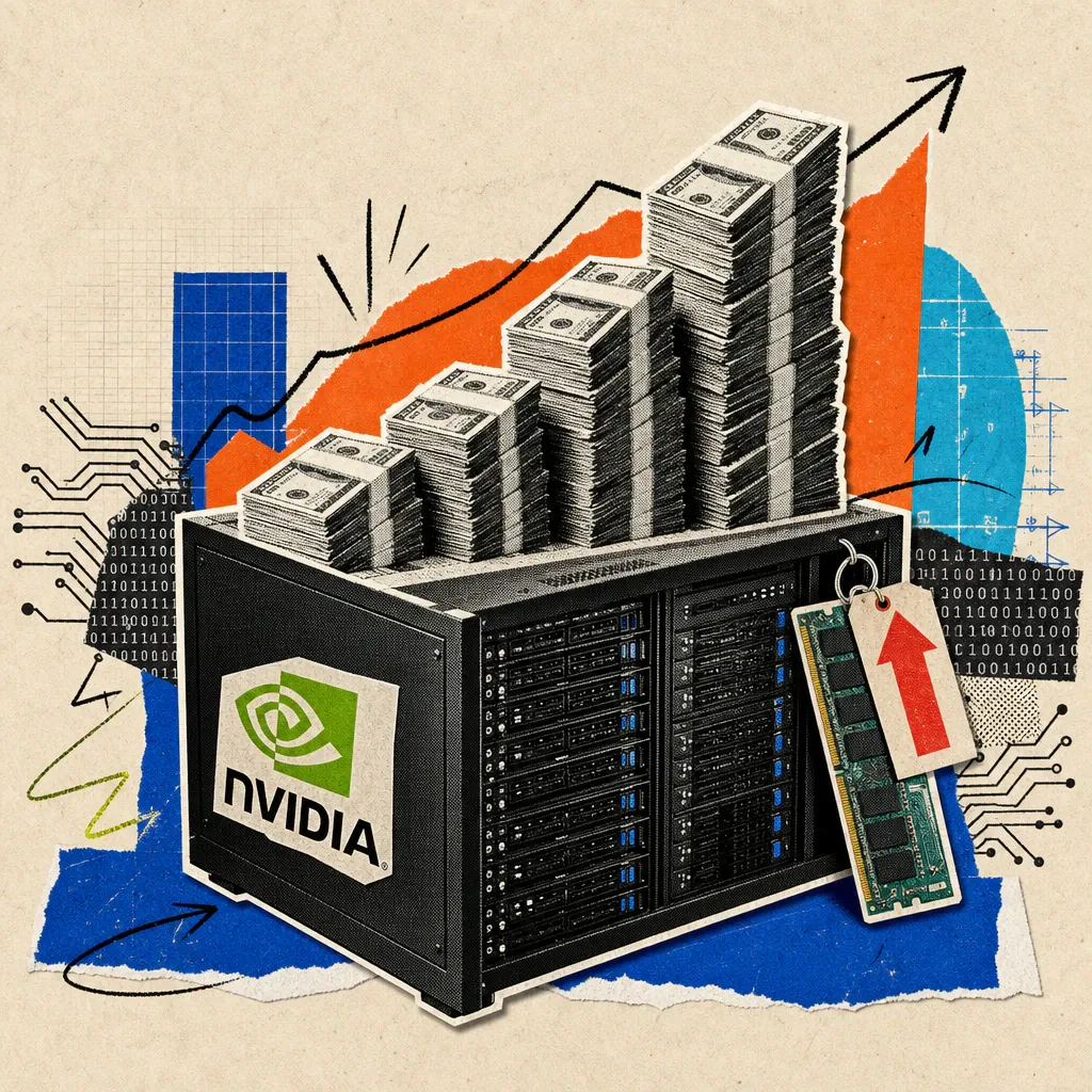 Ein Serverregal mit Nvidia-Logo wächst wie ein Balkendiagramm aus gestapelten Dollarscheinen, während ein Arbeitsspeicher-Riegel mit rotem Preispfeil daran hängt.