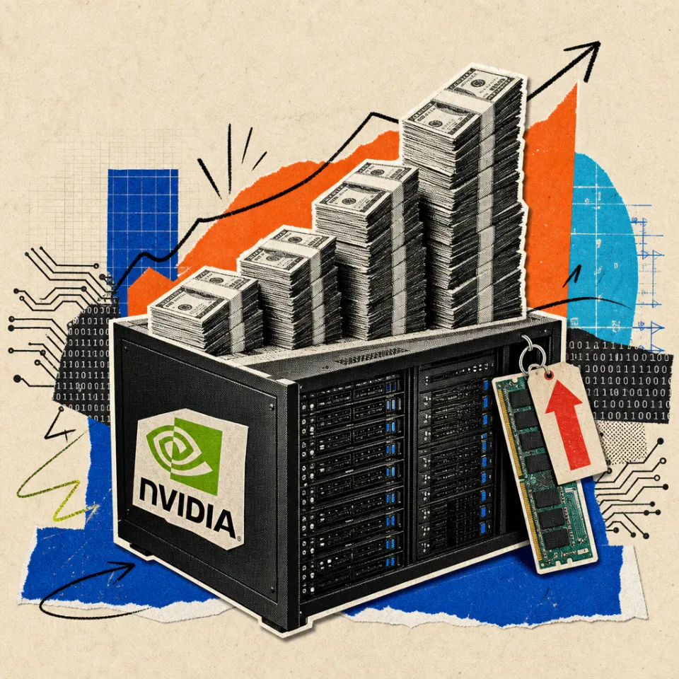 Ein Serverregal mit Nvidia-Logo wächst wie ein Balkendiagramm aus gestapelten Dollarscheinen, während ein Arbeitsspeicher-Riegel mit rotem Preispfeil daran hängt.