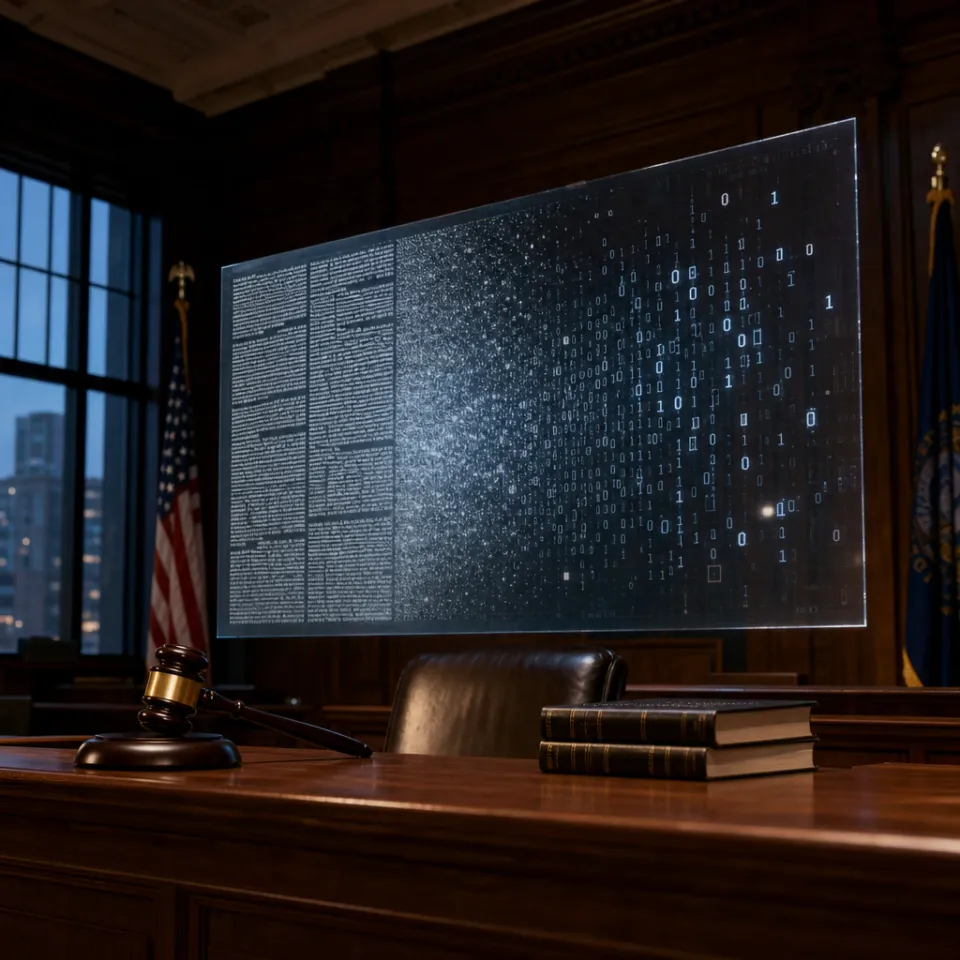 Abstract editorial illustration: an empty courtroom with a judge's bench and law books, behind it a floating screen with dissolving newspaper text and binary code as a symbol for the AI copyright dispute.