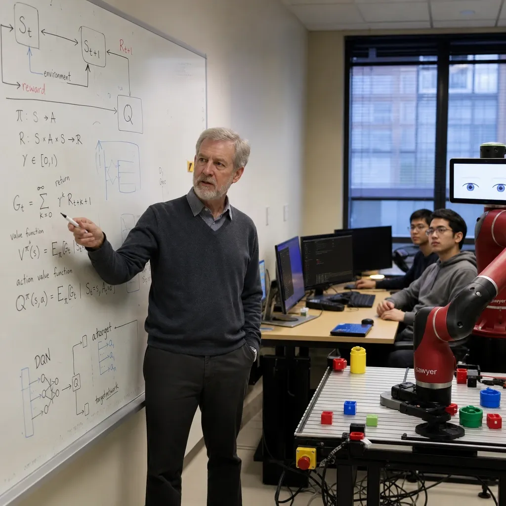 Richard Sutton at a whiteboard covered in reinforcement-learning diagrams, a robot-arm experiment beside him.