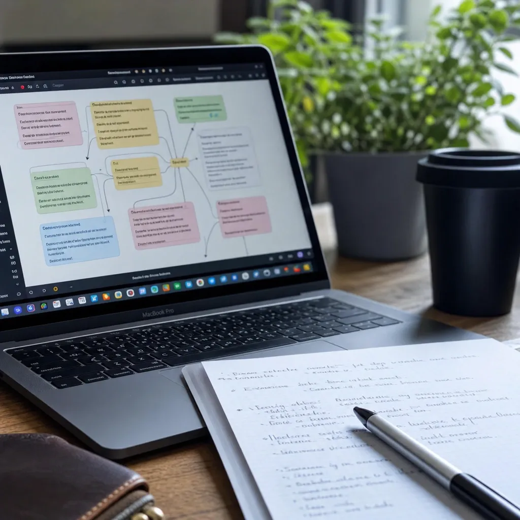 Laptop with connected notes and handwritten bullet points on a desk