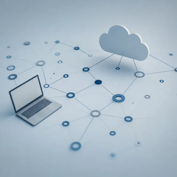 Abstrakte geometrische Illustration eines dezentralen Netzwerks zwischen Laptop- und Cloud-Symbol