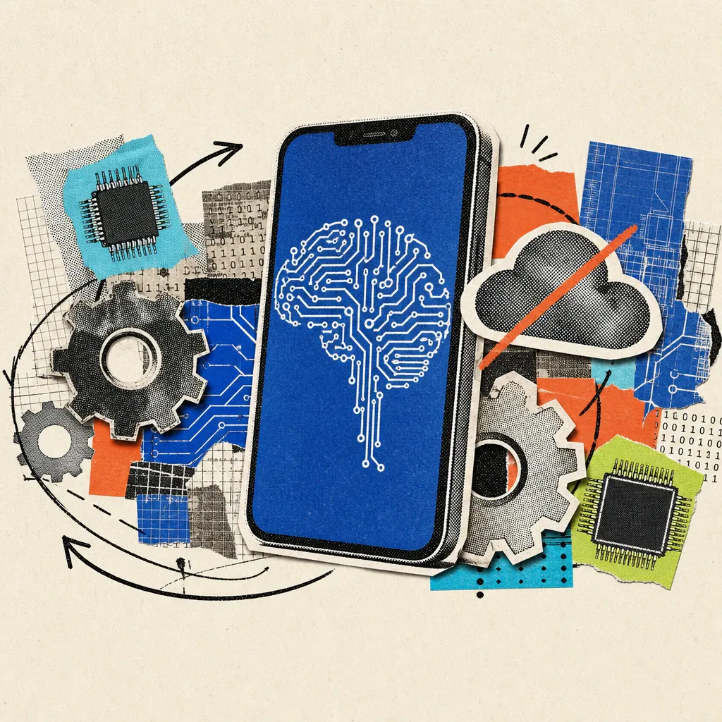 A large smartphone displaying a brain made of circuit traces, next to a crossed-out cloud, surrounded by gears and computer chips