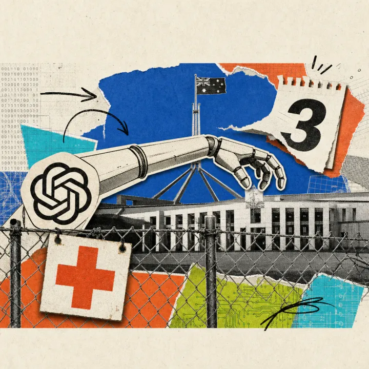 A robotic arm with an OpenAI logo sticker reaches over a fence toward an Australian government building marked with a medical cross symbol, while a calendar page tears away in the background.