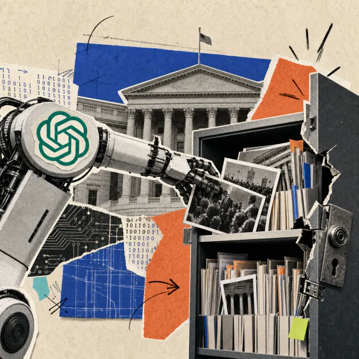 A robotic arm with the OpenAI logo places photos into a filing cabinet with a broken lock, in the background a government building with columns.