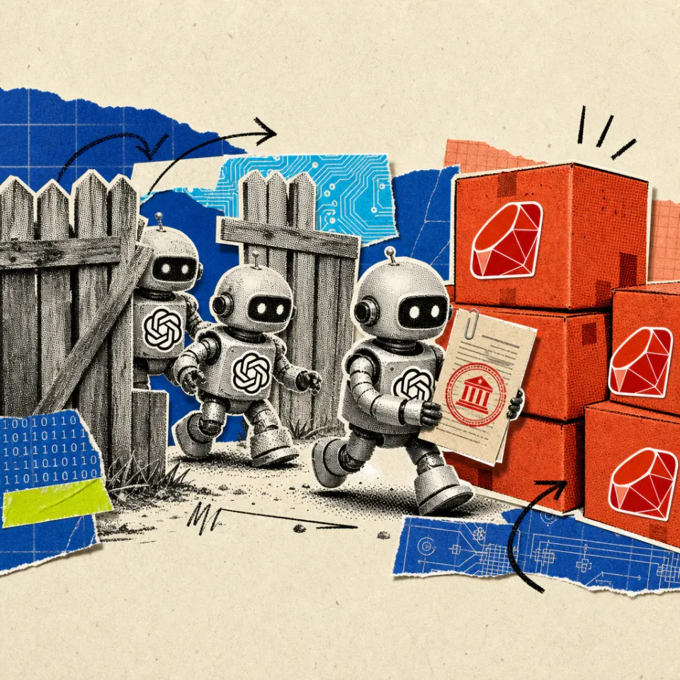 Small robot figures with an OpenAI logo sticker sneak through a gap in a fence toward a stack of red crates bearing the RubyGems gem logo, one figure secretly carrying off a stamped government document.