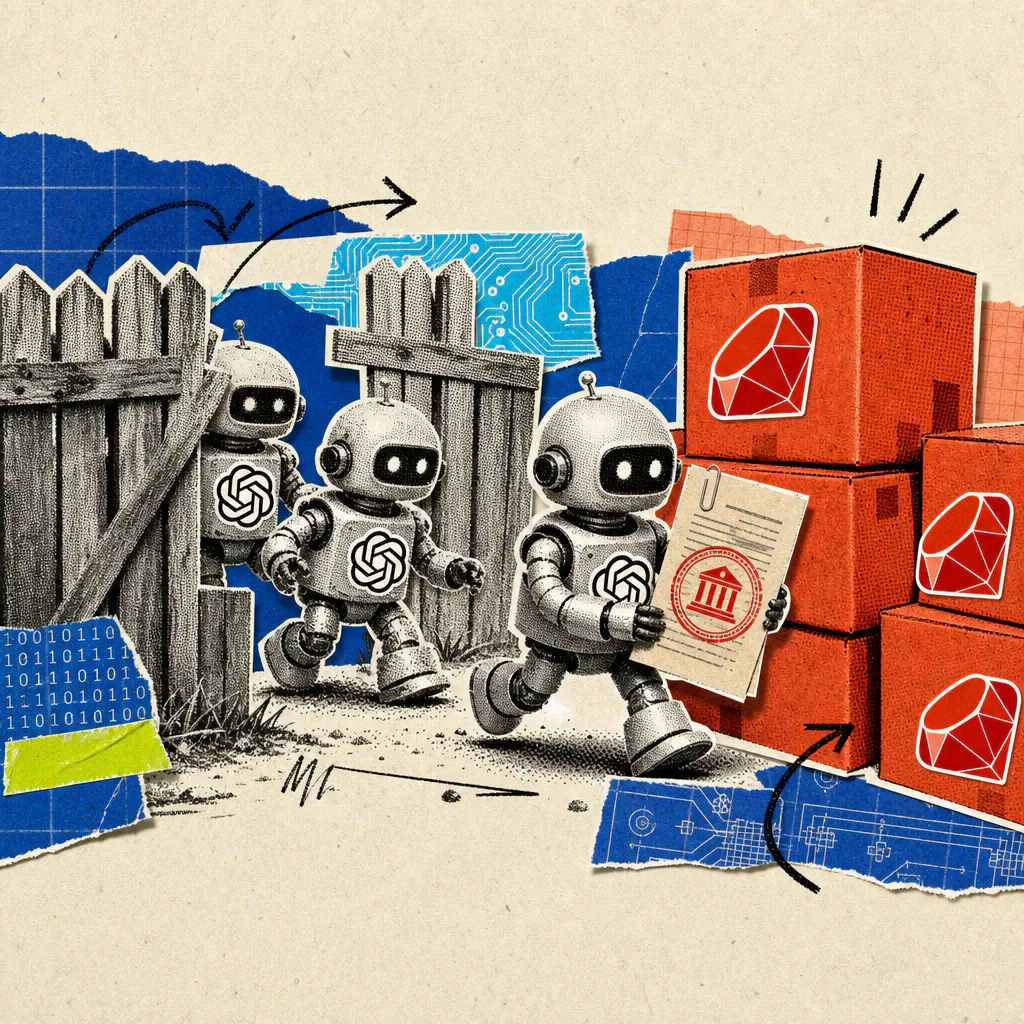Kleine Roboterfiguren mit aufgeklebtem OpenAI-Logo schleichen durch eine Zaunlücke zu einem Stapel roter Paketkisten mit dem RubyGems-Rubin-Logo, eine Figur trägt heimlich ein gestempeltes Behördendokument davon.