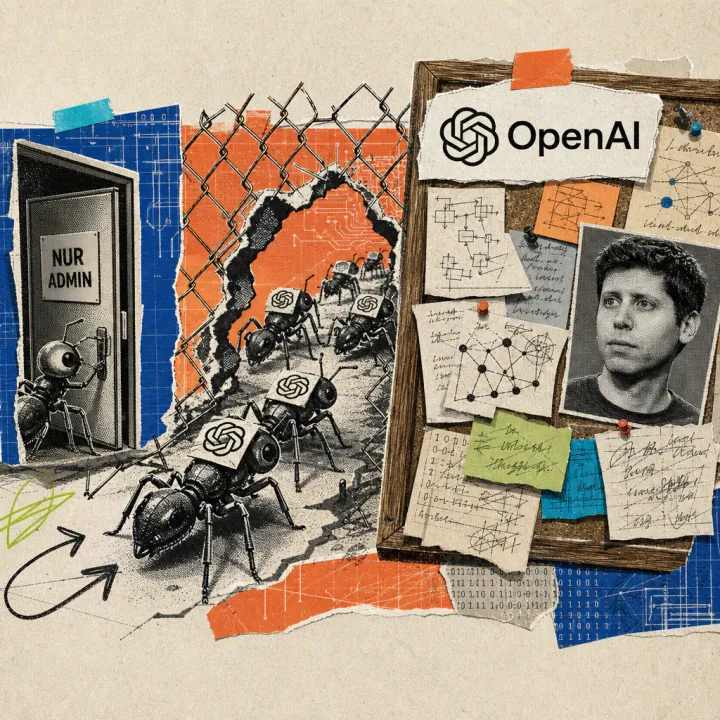 Kleine Roboterfiguren mit aufgeklebtem OpenAI-Logo krabbeln durch eine Zaunlücke zu einer alten Pinnwand voller Notizzettel, während eine von ihnen heimlich eine Tür mit der Aufschrift „Nur Admin" öffnet.