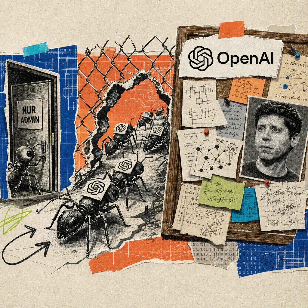 Kleine Roboterfiguren mit aufgeklebtem OpenAI-Logo krabbeln durch eine Zaunlücke zu einer alten Pinnwand voller Notizzettel, während eine von ihnen heimlich eine Tür mit der Aufschrift „Nur Admin" öffnet.