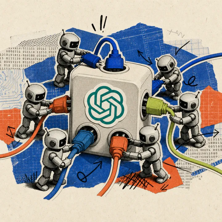 Small robot figures plug cables into a large power socket bearing an OpenAI logo sticker from all sides