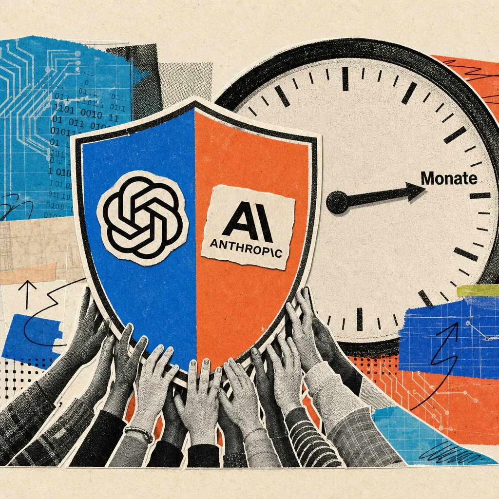 Ein Schutzschild mit OpenAI- und Anthropic-Logo wird von vielen kleinen Händen gestützt, im Hintergrund zeigt eine Wanduhr statt Stunden das Wort „Monate“.