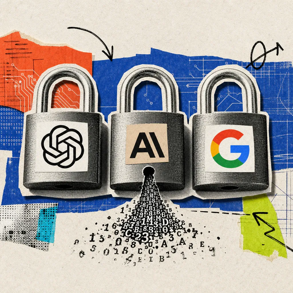 Three padlocks bearing the logos of OpenAI, Anthropic, and Google, with a chain of numbers and letters leaking out of the middle one like dripping ink.
