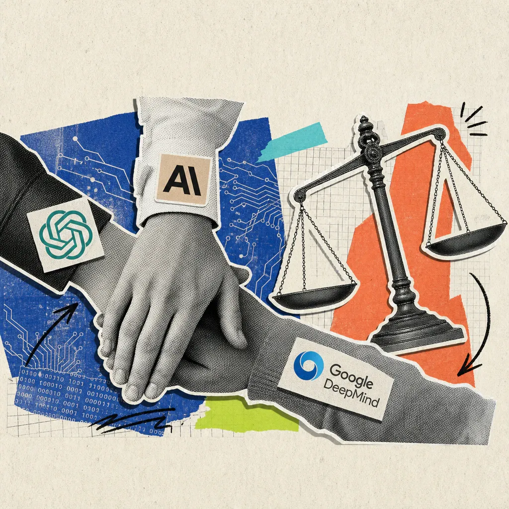 Three hands with logo stickers for OpenAI, Anthropic, and Google DeepMind stack on top of each other, while a scale of justice tips over in the background.