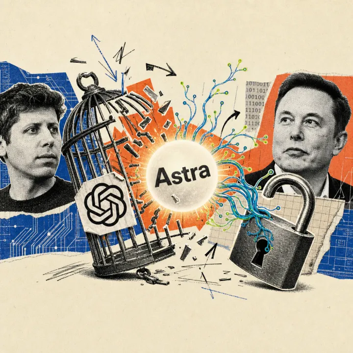 Eine leuchtende Kugel mit der Aufschrift „Astra" bricht aus einem zerbrochenen Stahlkäfig mit OpenAI-Logo-Sticker, digitale Ranken greifen nach einem aufgesperrten Vorhängeschloss.