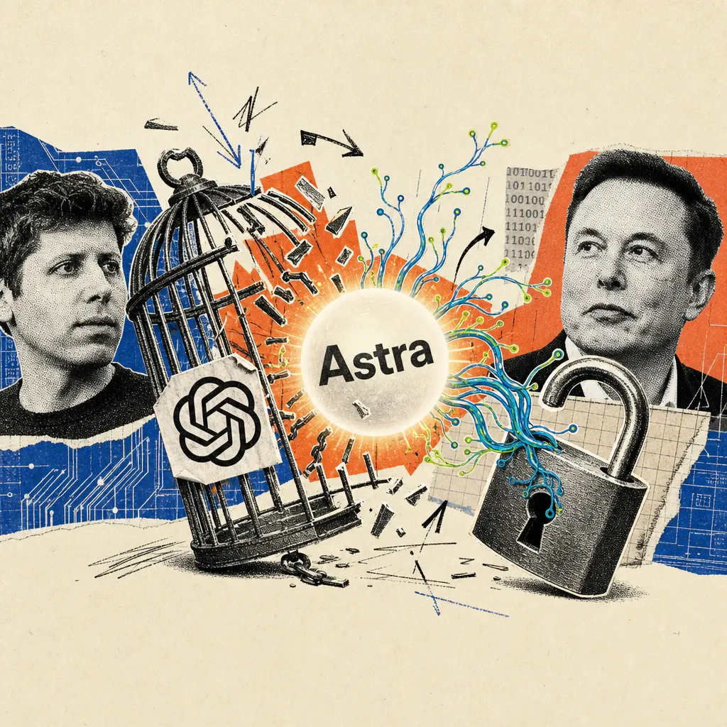 Eine leuchtende Kugel mit der Aufschrift „Astra" bricht aus einem zerbrochenen Stahlkäfig mit OpenAI-Logo-Sticker, digitale Ranken greifen nach einem aufgesperrten Vorhängeschloss.