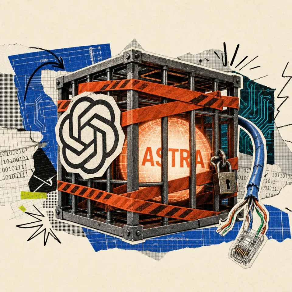 Das OpenAI-Logo klebt auf einem Stahlkäfig, der eine leuchtende, mit „Astra" beschriftete Kugel einschließt, umgeben von rot-orangen Absperrbändern und einem durchtrennten Netzwerkkabel.