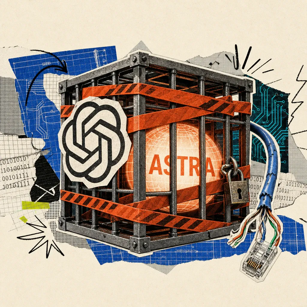The OpenAI logo is stuck on a steel cage enclosing a glowing ball labeled 'Astra', surrounded by red-orange barricade tape and a severed network cable.