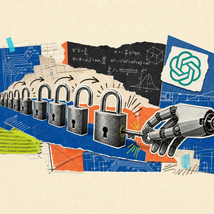 A row of padlocks springing open one after another, a robotic hand inserting a key into the last locked one; behind them chalkboards with mathematical formulas and the OpenAI logo on a paper sticker