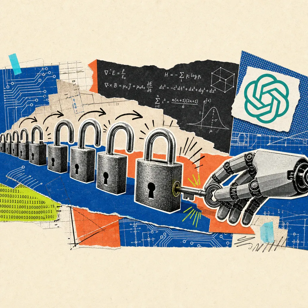 A row of padlocks springing open one after another, a robotic hand inserting a key into the last locked one; behind them chalkboards with mathematical formulas and the OpenAI logo on a paper sticker