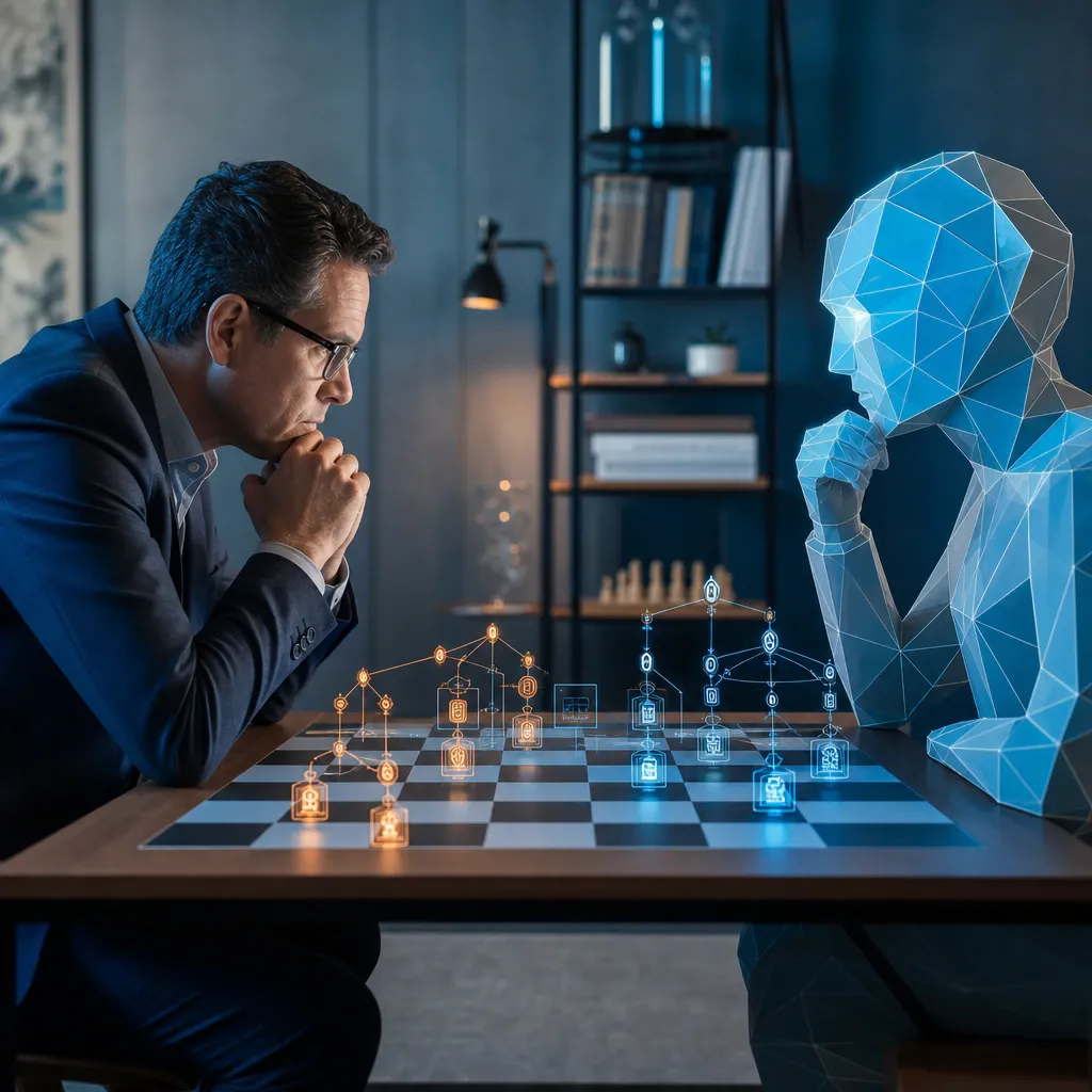 Abstract geometric illustration of a human and an AI avatar sitting across from each other at a chessboard-like table with glowing code symbols
