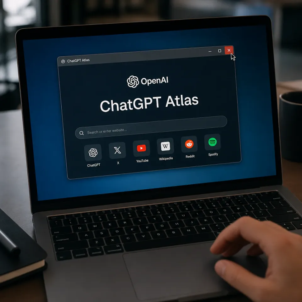 A hand on a laptop trackpad, on the screen the window of the ChatGPT browser Atlas with the OpenAI logo – the cursor moves toward the close button.