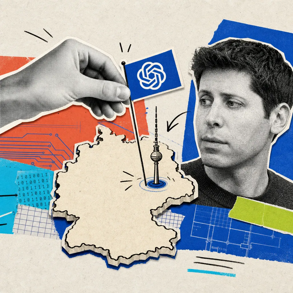 A hand places a flag with the OpenAI logo into an outline map of Germany at the Berlin TV tower, next to a portrait excerpt of Sam Altman.