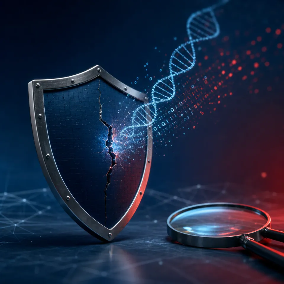 Abstract symbolic image of a digital shield with a crack, from which DNA helix lines and code fragments emerge, next to a magnifying glass