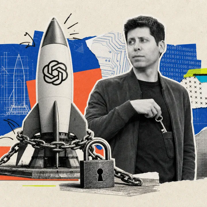 Eine Rakete mit OpenAI-Logo ist mit Kette und Vorhängeschloss am Boden festgezurrt, während Sam Altman einen Schlüssel in seine Jackentasche steckt.