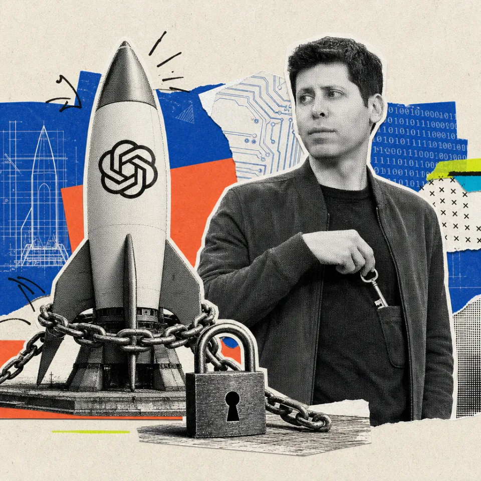 Eine Rakete mit OpenAI-Logo ist mit Kette und Vorhängeschloss am Boden festgezurrt, während Sam Altman einen Schlüssel in seine Jackentasche steckt.