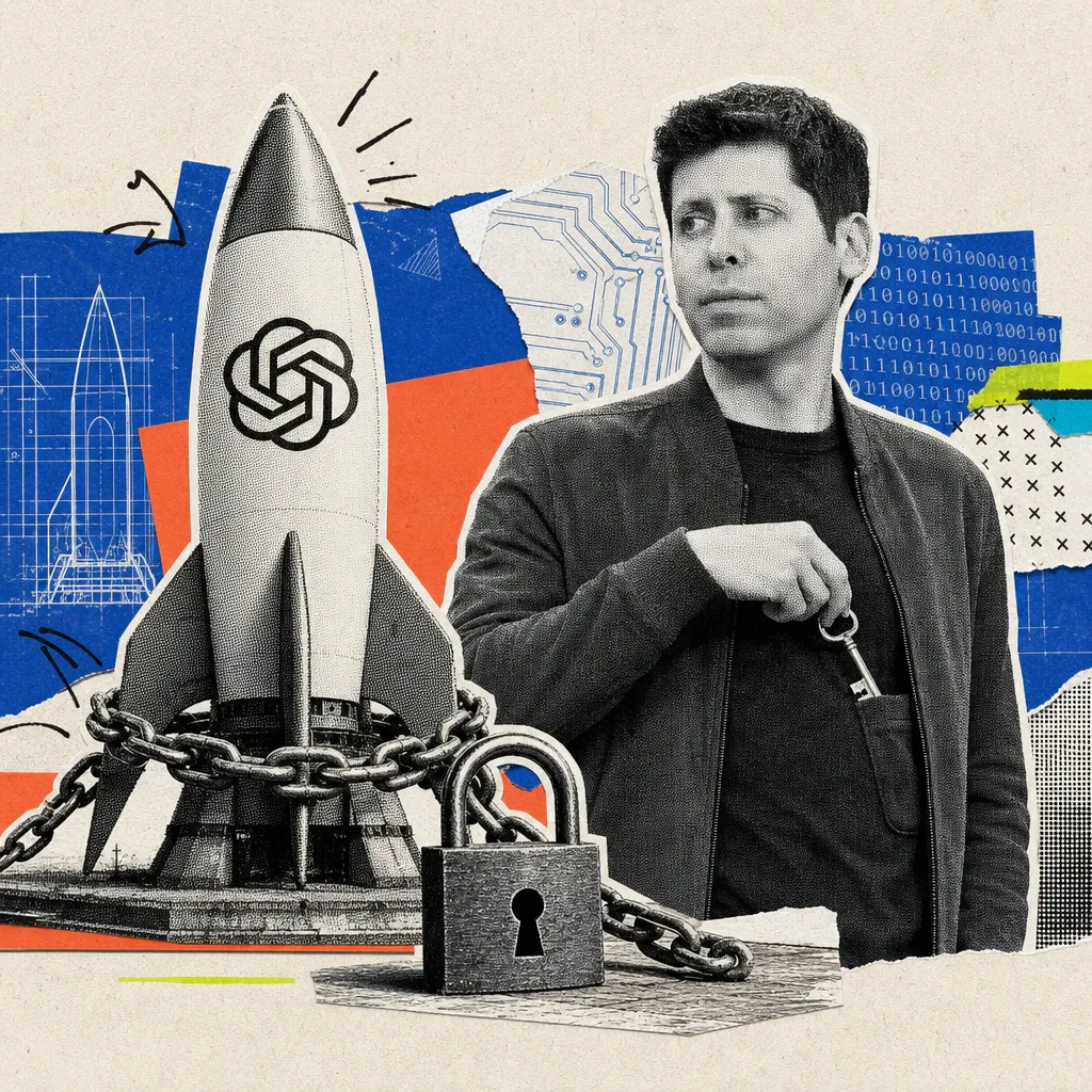 A rocket with the OpenAI logo is chained and padlocked to the ground while Sam Altman tucks a matching key into his jacket pocket.