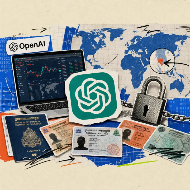 A ChatGPT logo sticker above a desk with forged ID documents and a laptop showing a fake crypto trading platform, with a world map marking Cambodia and a padlock in the background